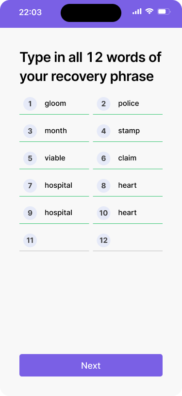 A mobile wallet interfact that shows a list of a 12 word recovery phrase with numbering.